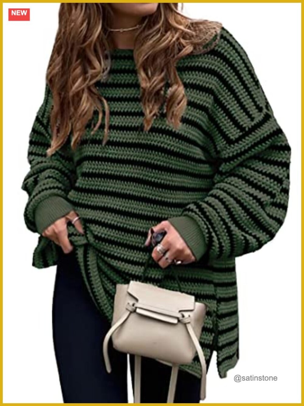 Oversized Striped Long Sleeve Sweater Womens Chunky Knit Crewneck Tunic